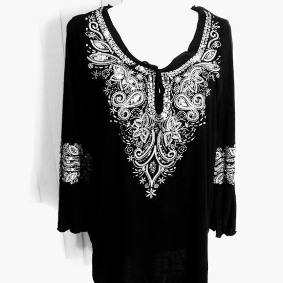 BOHEMIAN /PEASANT BLACK* BLINGY * TOP WOMAN L/XL*ONLY NINE WOMAN BRAND - Picture 4 of 8